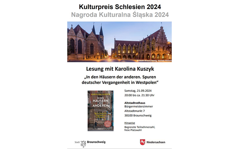 Im Rahmen der Preisverleihung des Kulturpreises Schlesien 2024 durch das Land Niedersachsen findet am Samstag, 21. September eine Lesung der Buchautorin Karolina Kuszyk statt. 