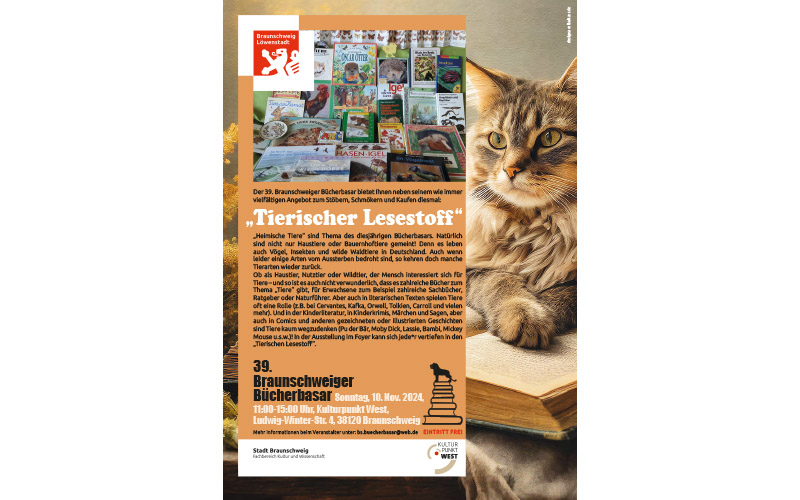 Heimische Tiere sind Thema des diesjährigen 39. Braunschweiger Bücherbasars am 10. November im Kulturpunkt West, Ludwig-Winter-Str. 4.