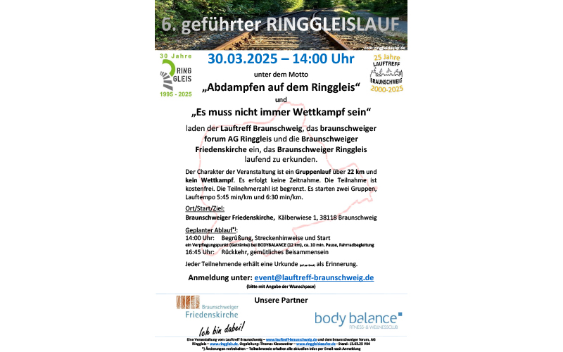  Am 30.03.2025 um 14:00 Uhr startet Braunschweigs 6. geführter Ringgleislauf.