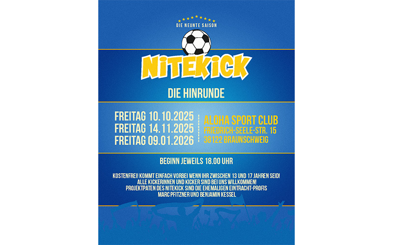 Das erfolgreiches Fußballprojekt „Nitekick“ der Jugendförderungder Stadt Braunschweig und der Eintracht Braunschweig Stiftung geht in die neunte Saison.