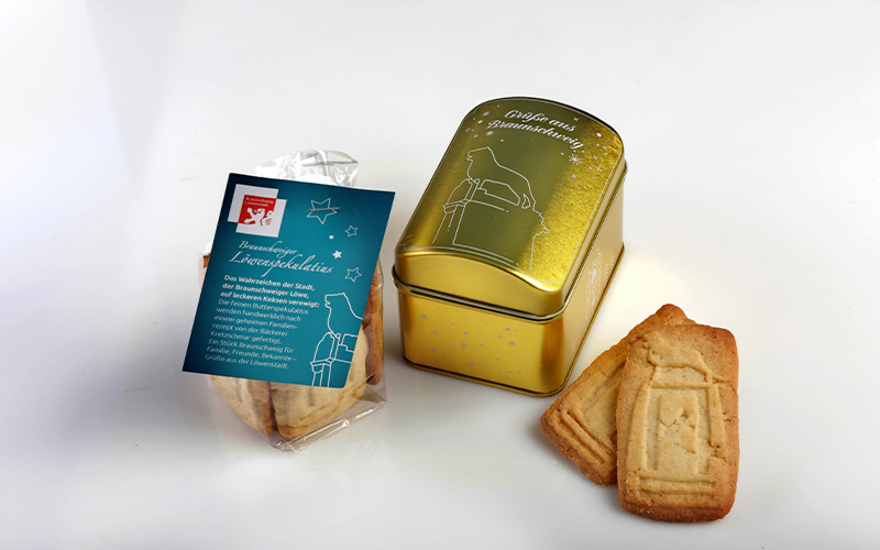 Die Braunschweig Stadtmarketing GmbH bietet die weihnachtliche Keks-Dose in einem neuen Design an.