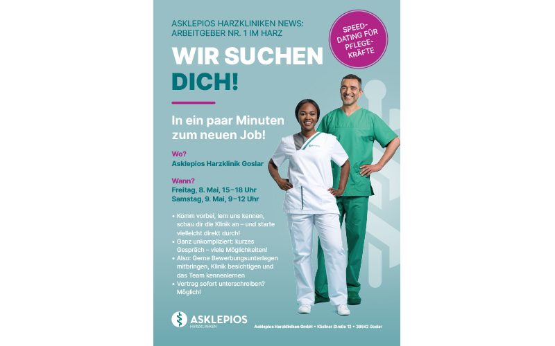 Die Asklepios Harzkliniken setzen ein starkes Zeichen imKampf gegen den Fachkräftemangel in der Pflege: Mit einer neuen Initiative und innovativen Recruiting-Formaten laden sie examinierte Pflegekräfte zu zwei Speeddating-Tagen ein, bei denen Bewerber:innen sofort einen neuen Job bekommen können.
