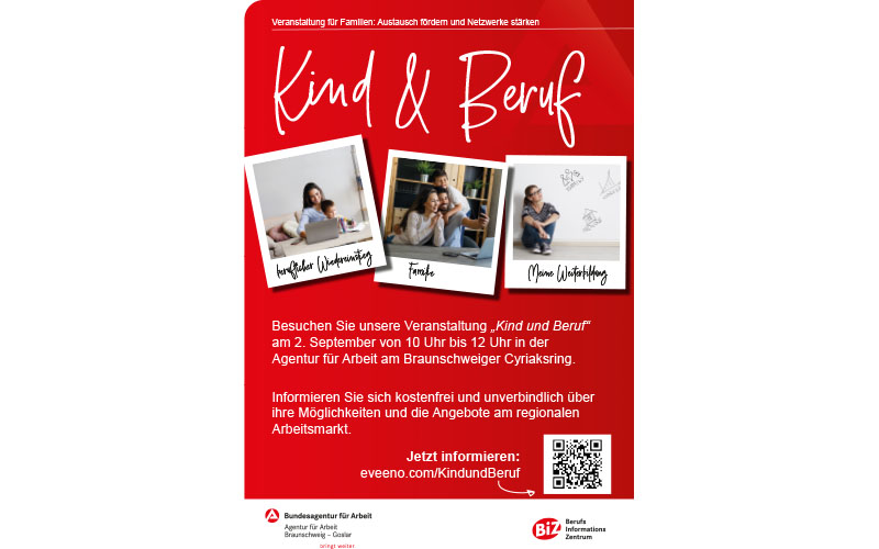 Am 2. September von 10 Uhr bis 12 Uhr dreht sich im Berufsinformationszentrum (BiZ) der Braunschweiger Arbeitsagentur am Cyriaksring alles rund um das Thema Kind und Beruf. 